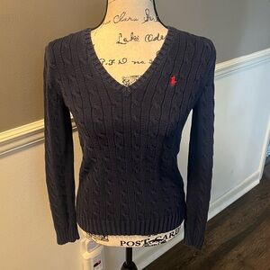 Ralph Lauren Navy V-neck Cable Knit Sweater | Size S